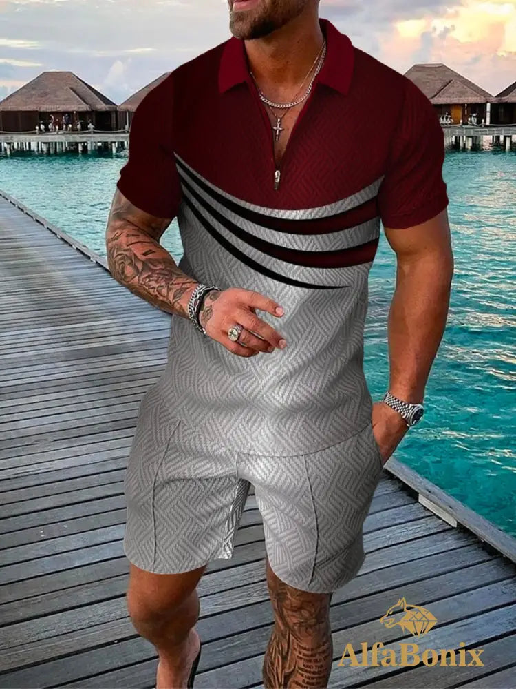 Mens Casual Cranberry Red Patterned Polo Suit M