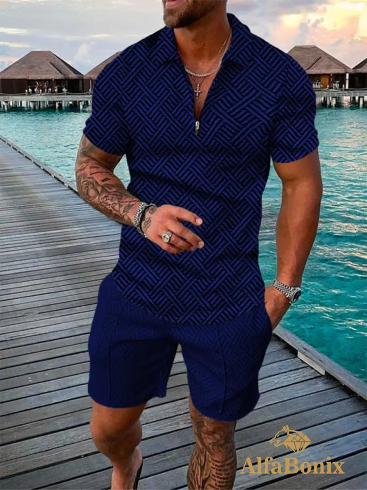 Mens Casual Dark Blue Patterned Polo Suit M