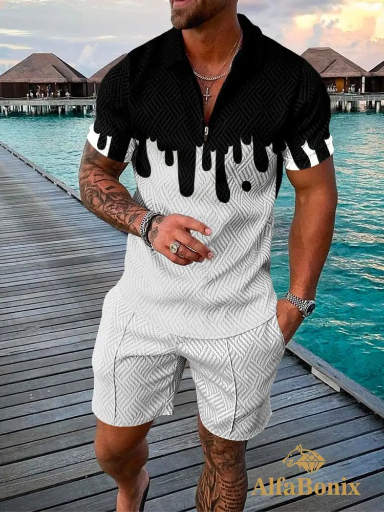 Mens Casual Black Paint Pattern Printed Polo Suit M