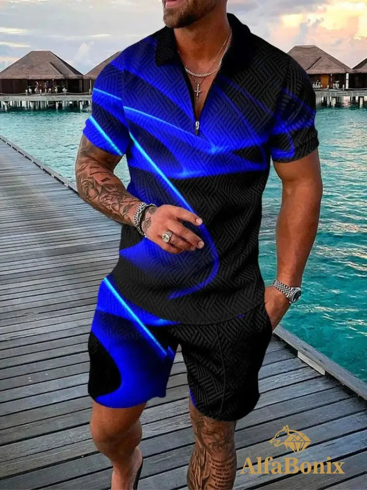 Mens Casual Galaxy Blue Printed Polo Suit M