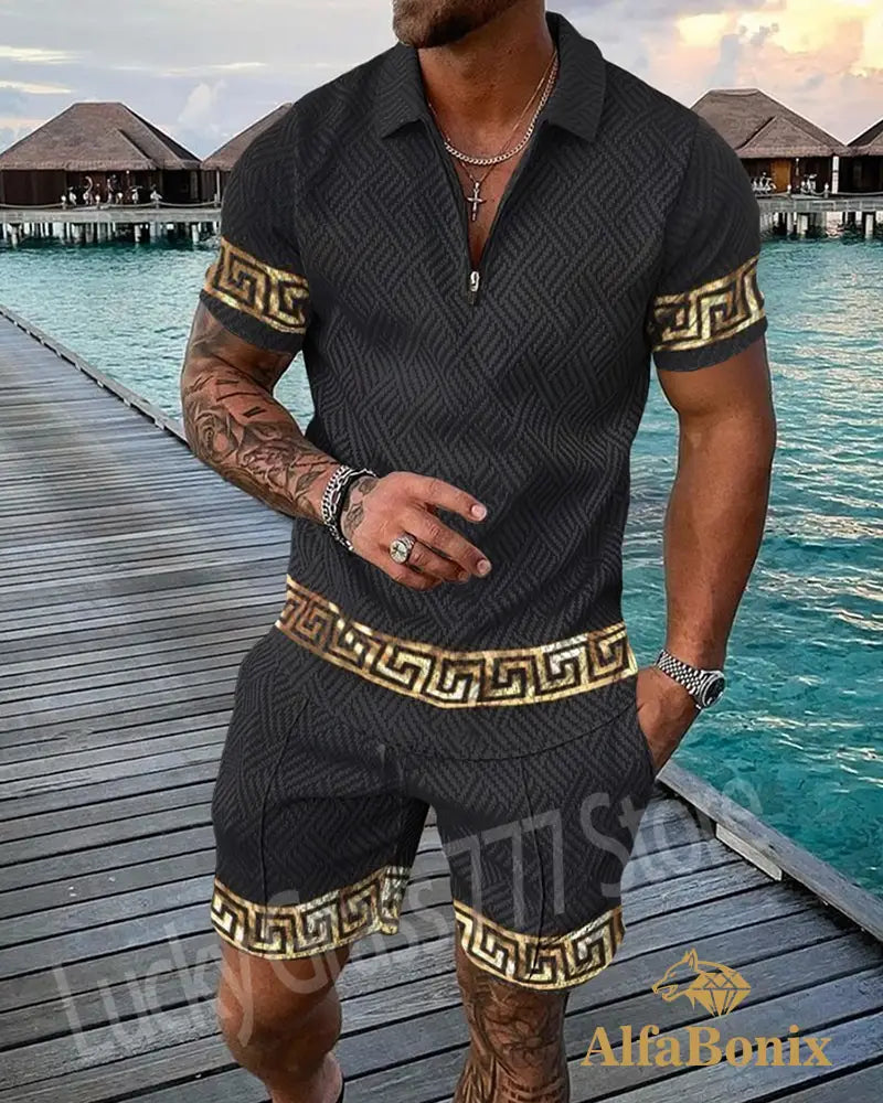 Mens Casual Gold/Grey Pattern Printed Polo Suit M