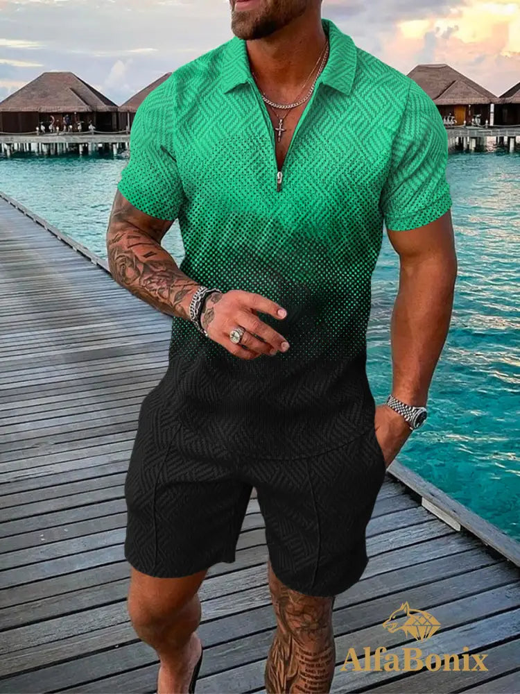 Mens Casual Green Game Pattern Printed Polo Suit M