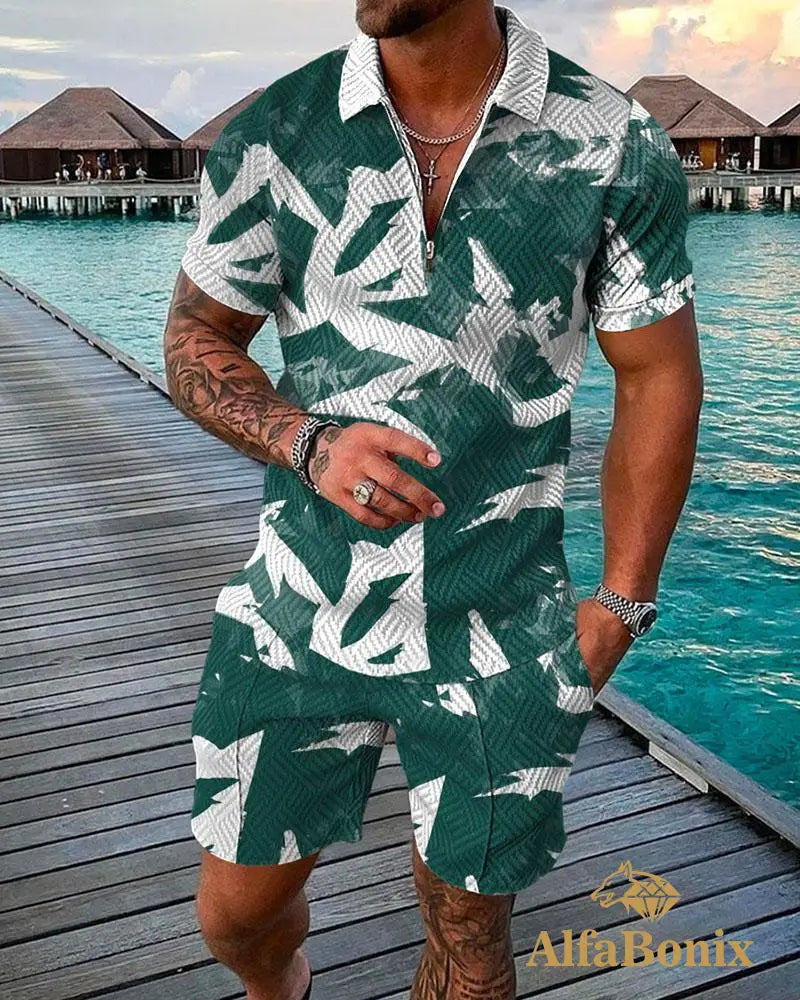 Mens Casual Green Tropical Pattern Polo Suit M