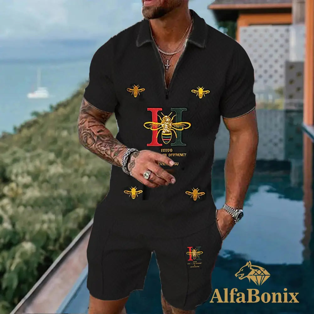 Mens Casual H Bee Pattern Printed Polo Suit M