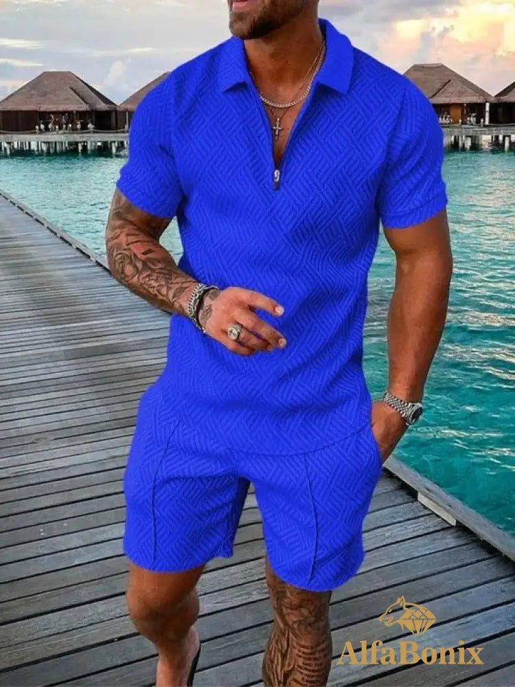 Mens Fashion Blue Holiday Floral Print Polo Suit M