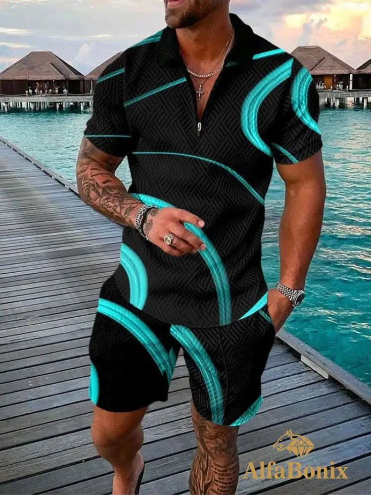 Mens Casual Black/Teal Printed Polo Suit M
