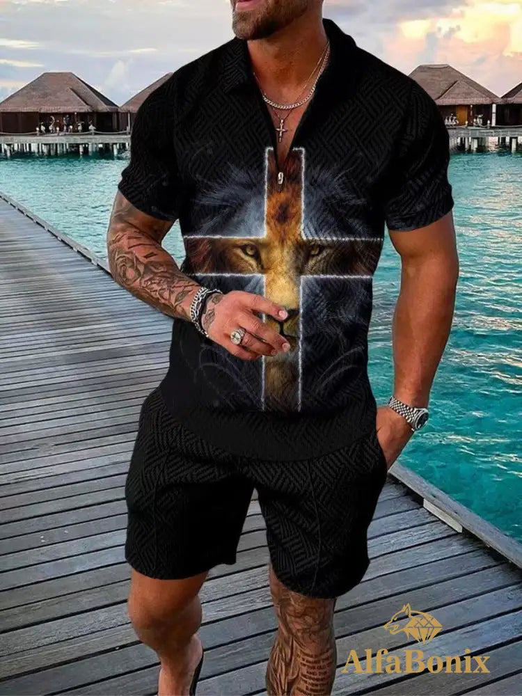 Mens Casual Lion Cross Christian Polo Suit M