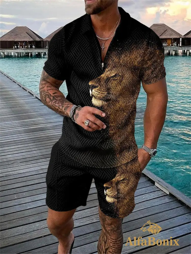 Mens Casual Lion Fade Pattern Printed Polo Suit M