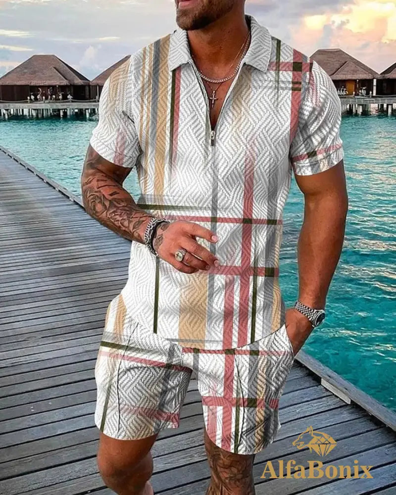 Mens Casual Lines Printed Polo Suit M