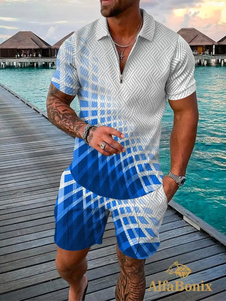 Mens Casual Lower Blue Patterned Polo Suit M