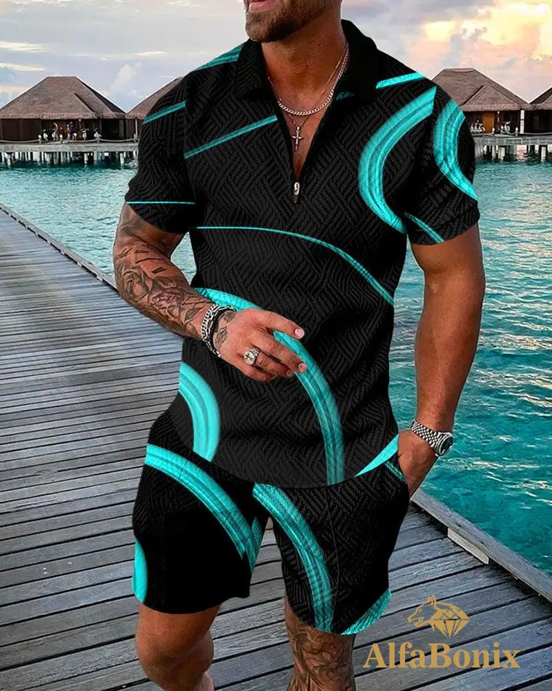 Mens Casual Neon Tropical Pattern Polo Suit M