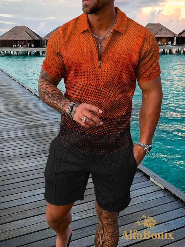 Mens Casual Black And Orange Pattern Printed Polo Suit M