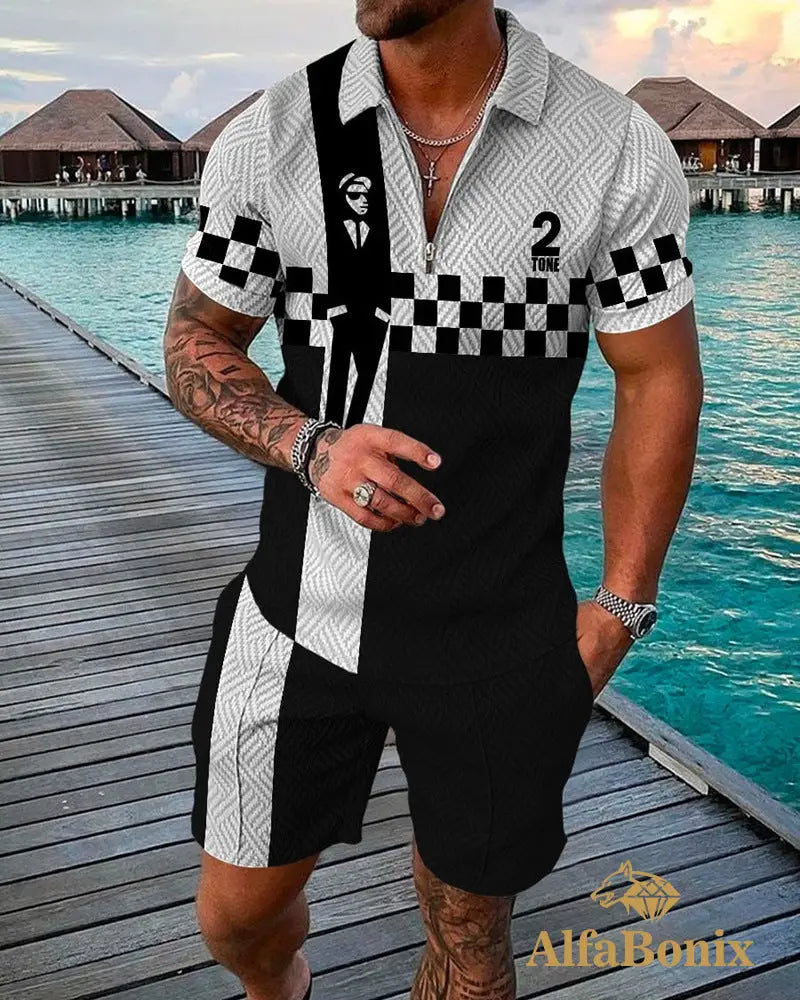 Mens Casual 2 Tone Pattern Printed Polo Suit M