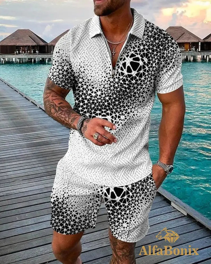 Mens Casual B/W Pattern Printed Polo Suit M
