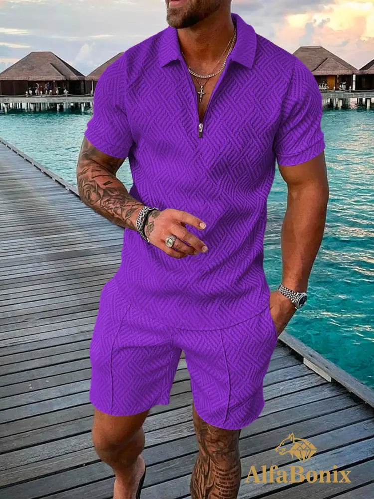 Mens Casual Purple Patterned Polo Suit M