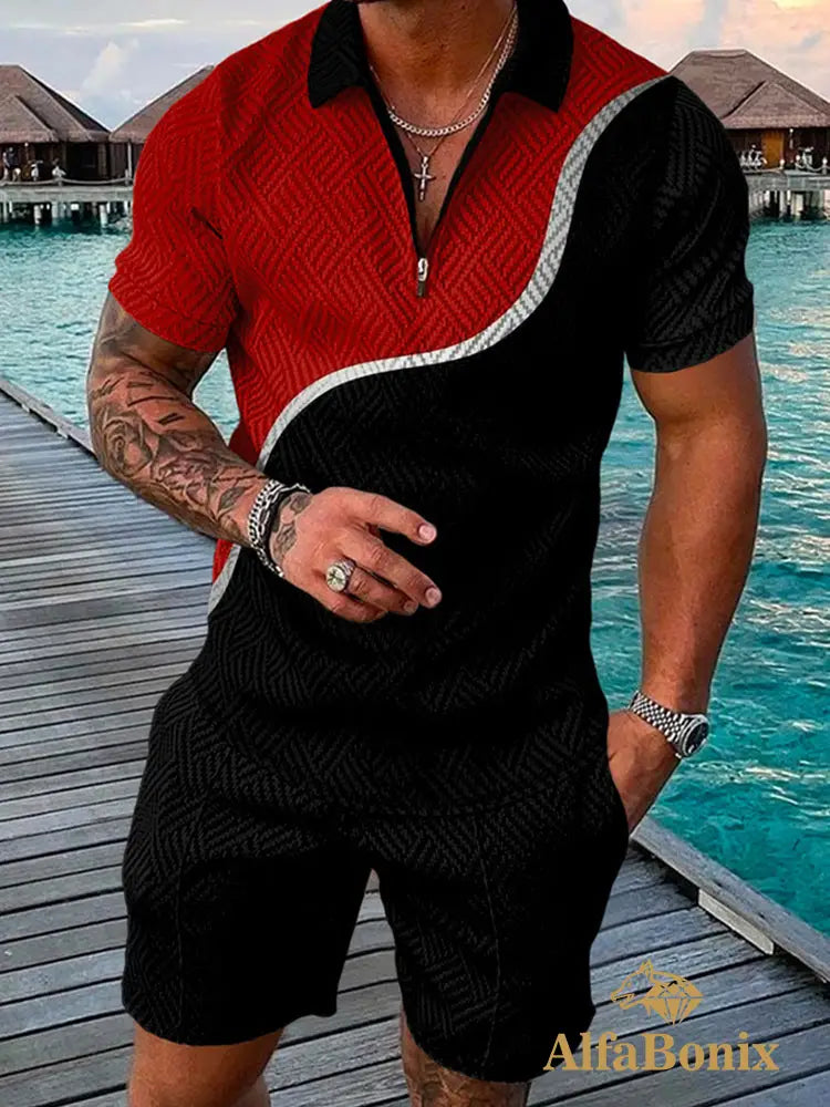 Mens Casual Red Crossing Black Polo Suit M