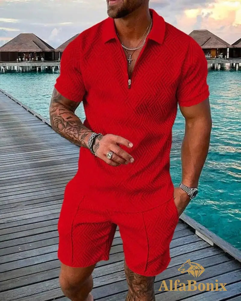 Mens Fashion Red Holiday Floral Print Polo Suit M
