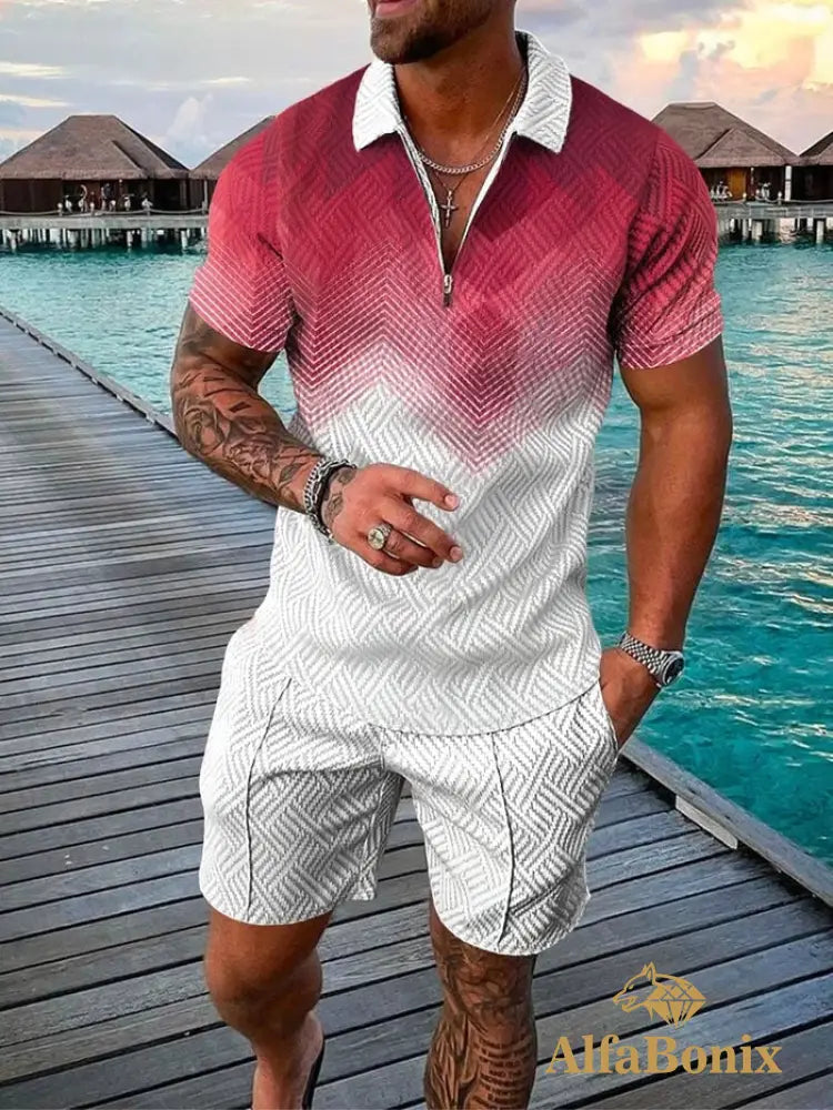 Mens Casual Red/White Printed Polo Suit M