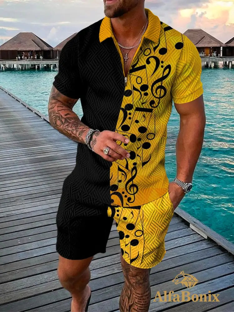 Mens Casual Yellow On Black Rhythmical Polo Suit M