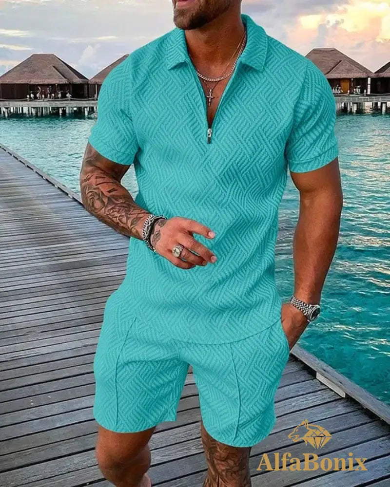 Mens Seaside Casual Lake Water Green Color Printed Polo Suit M
