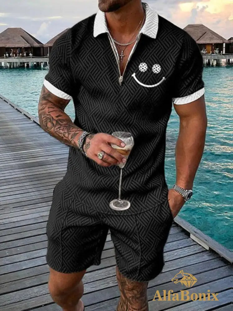 Mens Casual Smiley Face Black Polo Suit M