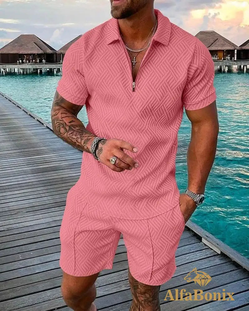 Mens Seaside Leisure Pink Printed Polo Suit M
