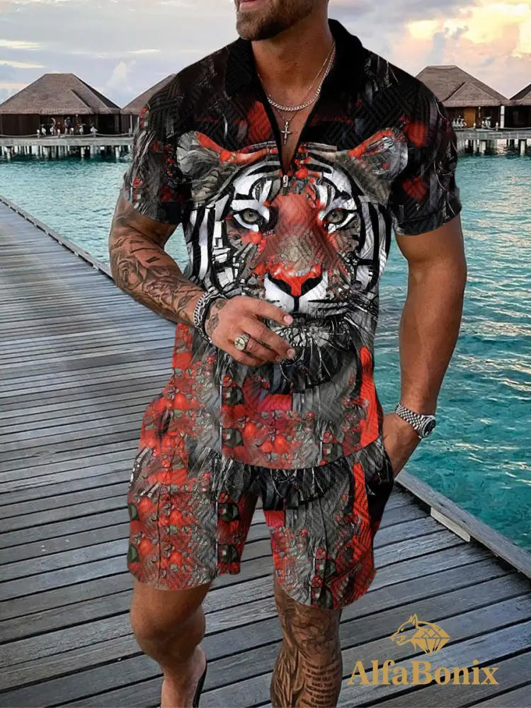 Mens Casual Tiger Drip Dark Polo Suit M