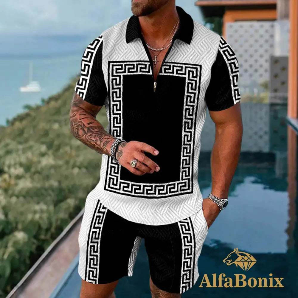 Mens Casual Pattern Printed Polo Suit M