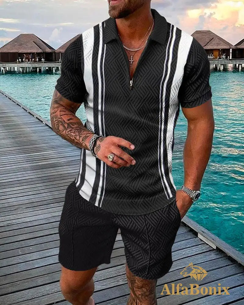 Mens Casual Pattern Printed Travel Polo Suit M