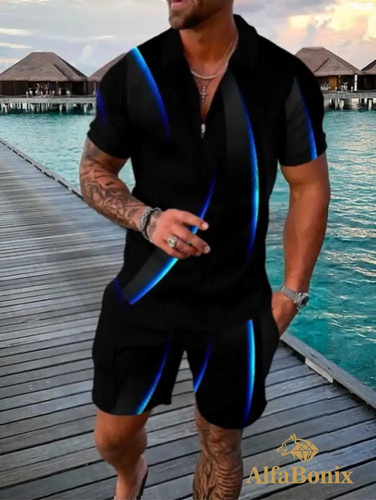 Mens Casual Blue Universe Printed Polo Suit M