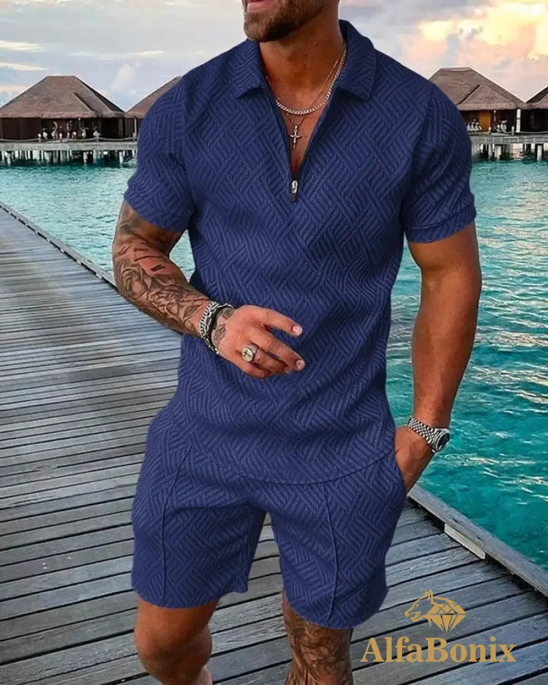 Mens Casual Wavy Printed Polo Suit M