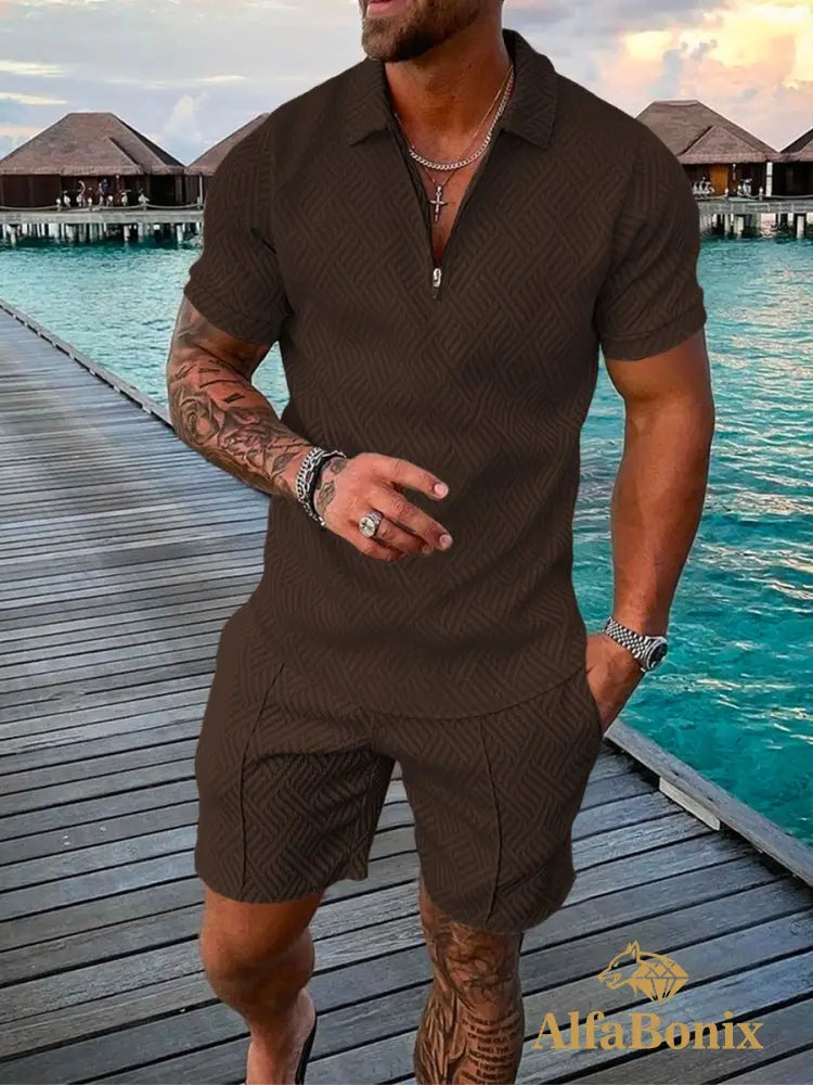 Mens Casual Brown Woven Patterned Polo Suit M