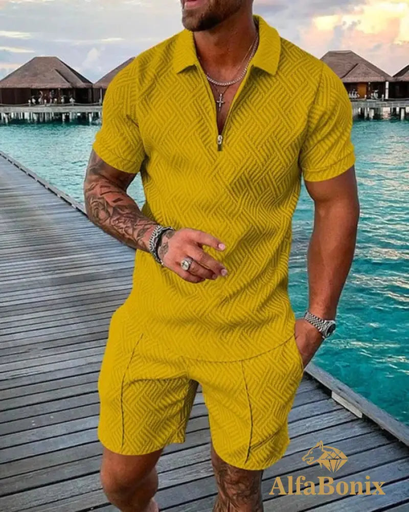 Mens Fashion Yellow Holiday Floral Print Polo Suit M