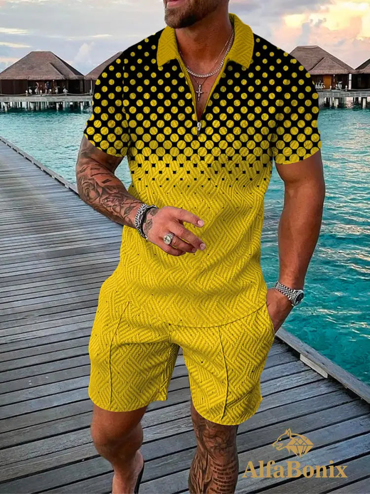 Mens Casual Black And Yellow Pattern Printed Polo Suit M