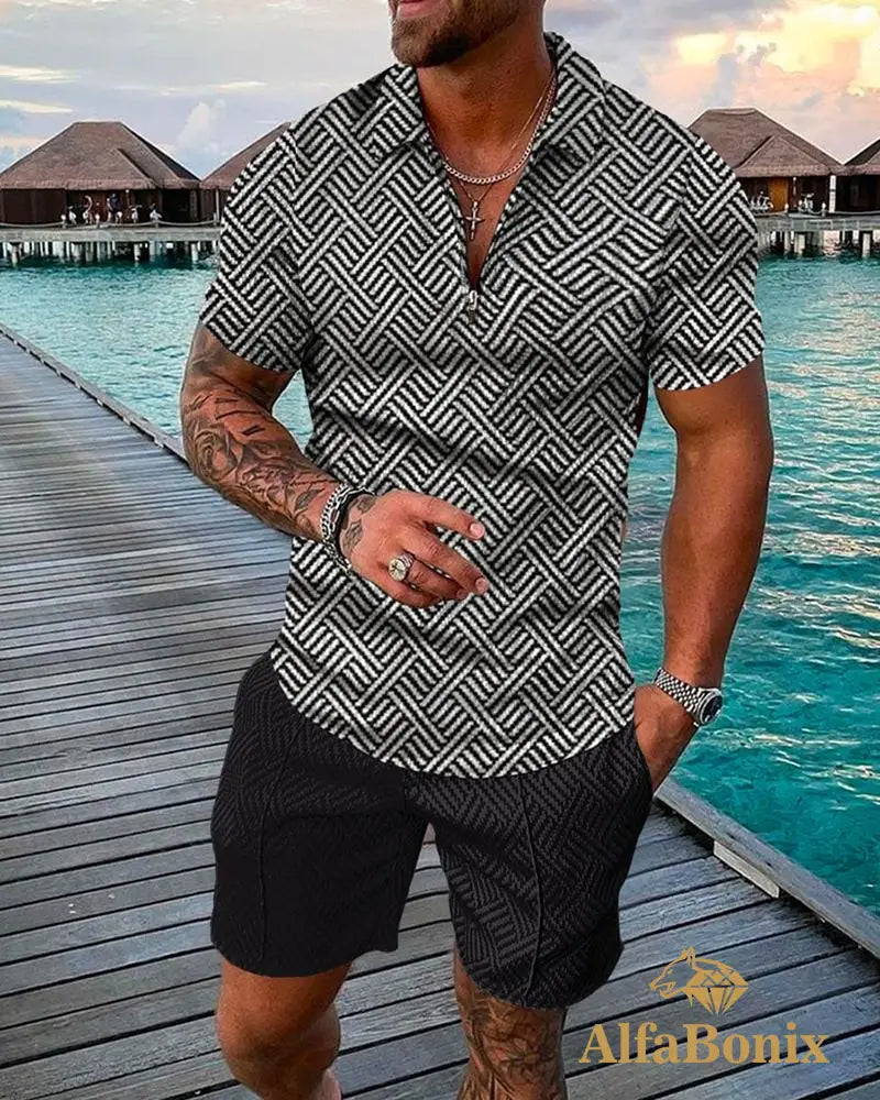 Mens Casual Woven Patterned Polo Suit M