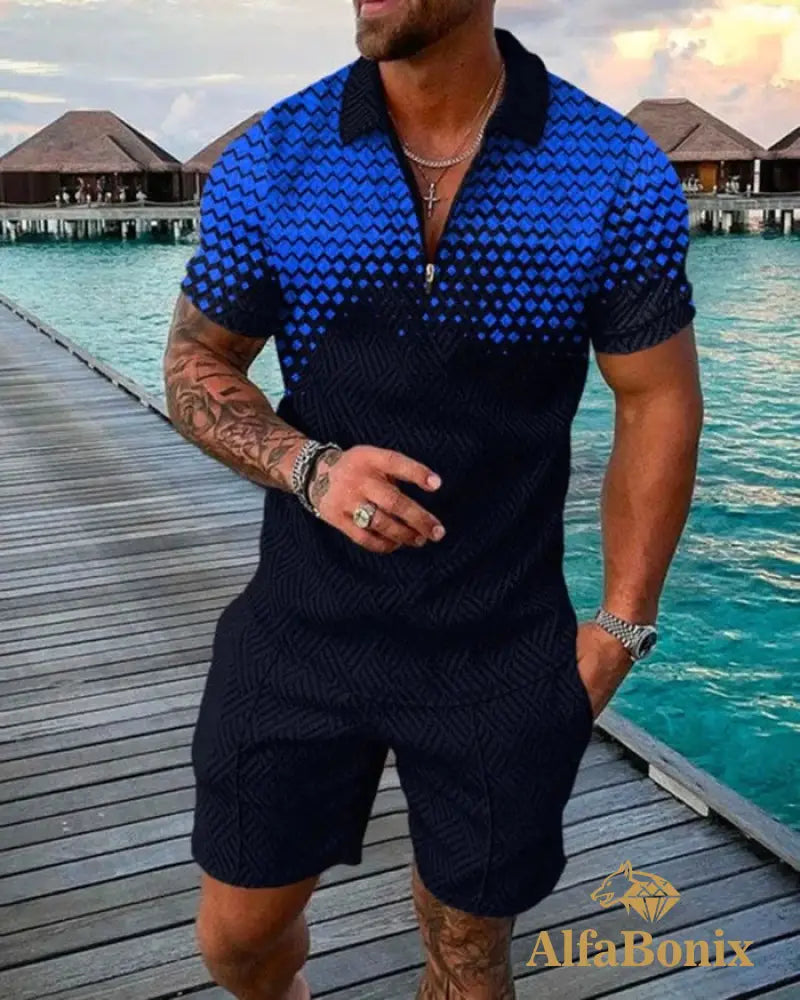 Mens Casual Dark Blue Printed Polo Suit M