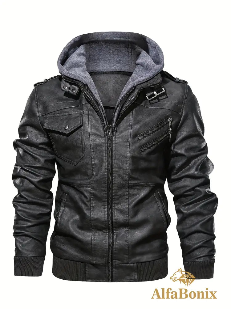 Men’s Premium Hooded Jacket - Casual Style Zip-Up with Multiple Pockets Black Regular Fit Long Sleeve Polyester Lining