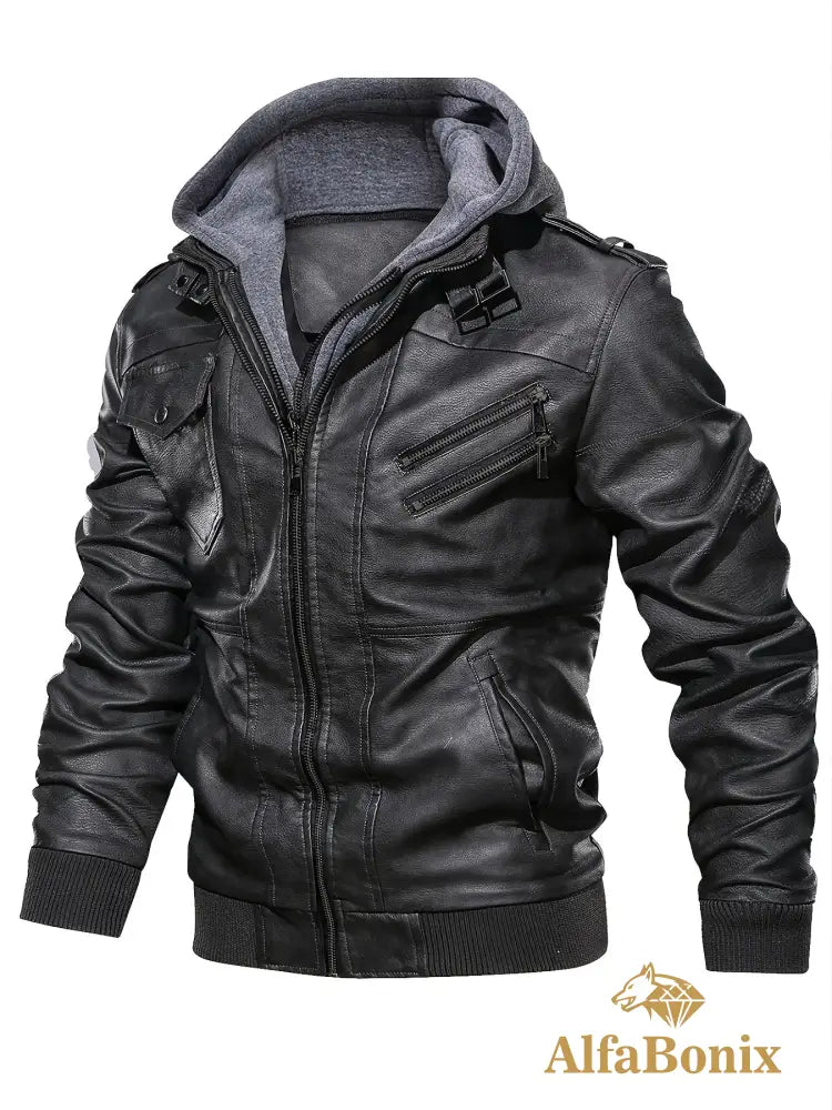 Men’s Premium Hooded Jacket - Casual Style Zip-Up with Multiple Pockets Black Regular Fit Long Sleeve Polyester Lining