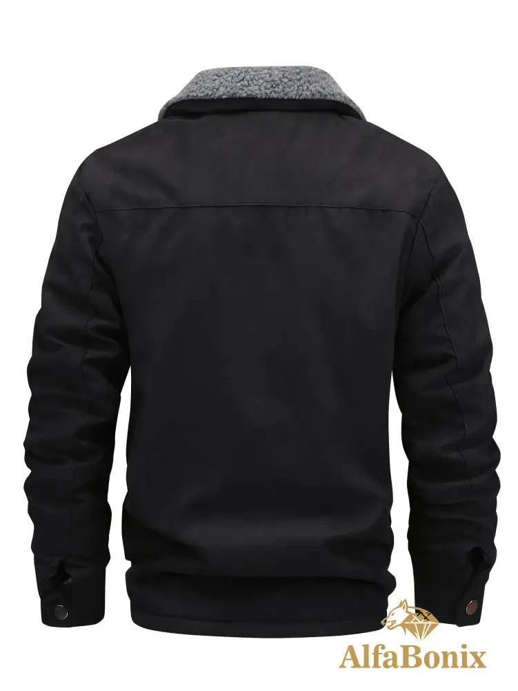 Men’s Winter Fleece-Lined Warm Jacket - Thick Casual Outdoor Coat with Pockets Turn- Collar & Zip-Up Closure Brown