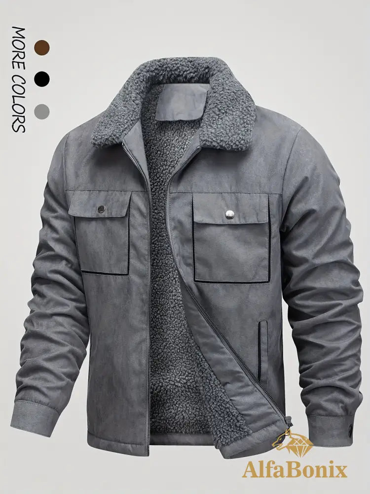 Men’s Winter Fleece-Lined Warm Jacket - Thick Casual Outdoor Coat with Pockets Turn- Collar & Zip-Up Closure Brown