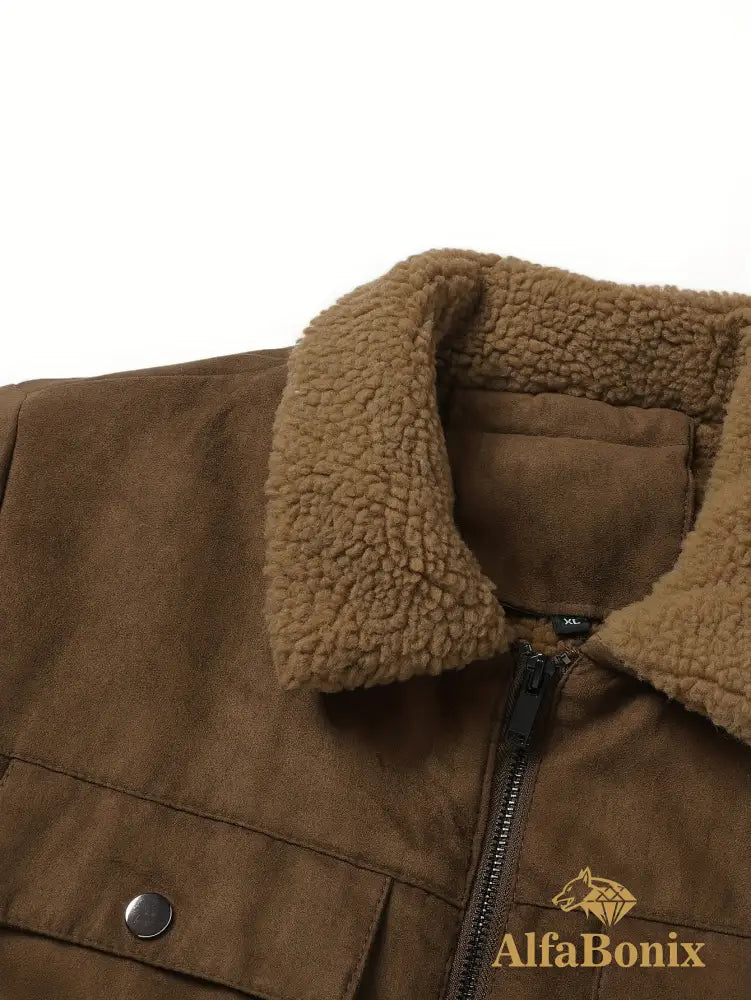 Men’s Winter Fleece-Lined Warm Jacket - Thick Casual Outdoor Coat with Pockets Turn- Collar & Zip-Up Closure Brown
