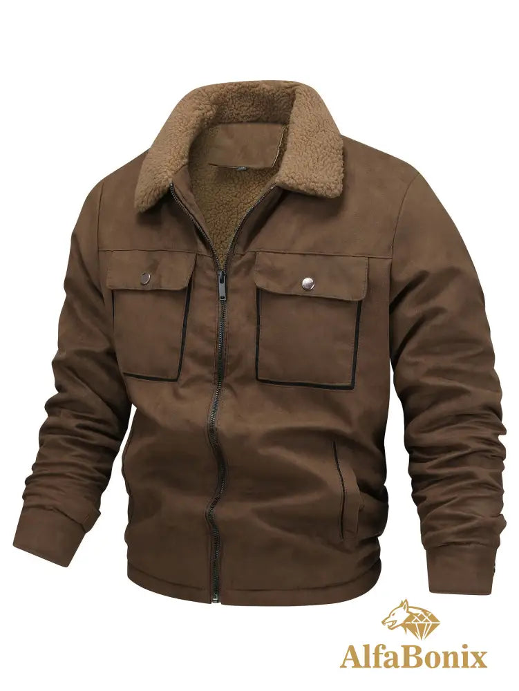 Men’s Winter Fleece-Lined Warm Jacket - Thick Casual Outdoor Coat with Pockets Turn- Collar & Zip-Up Closure Brown
