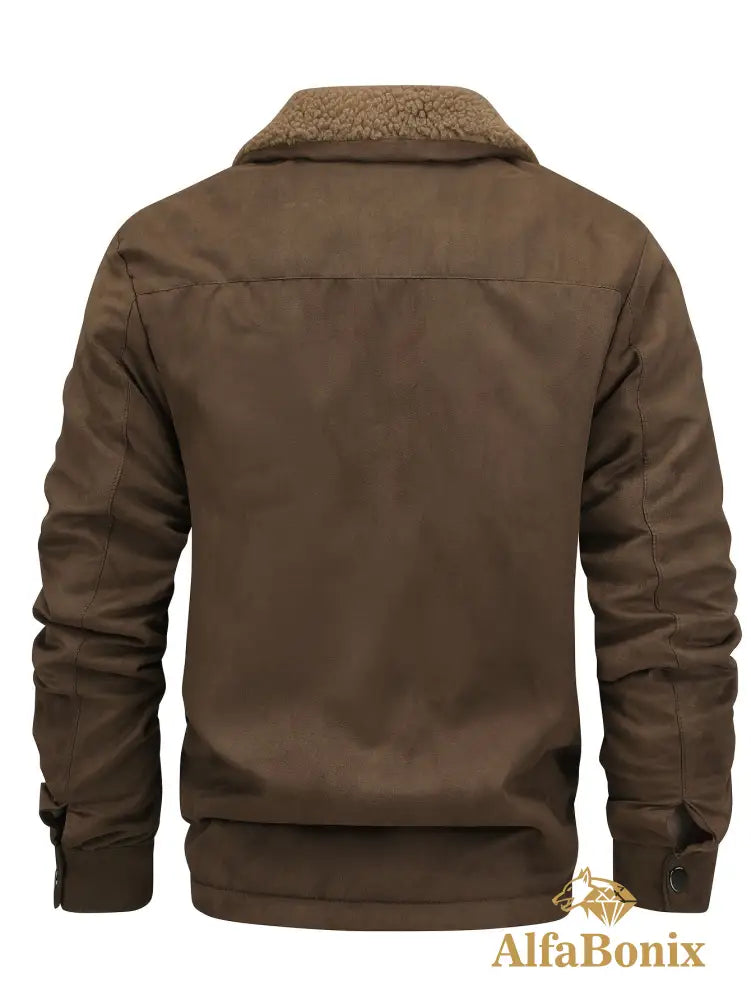 Men’s Winter Fleece-Lined Warm Jacket - Thick Casual Outdoor Coat with Pockets Turn- Collar & Zip-Up Closure Brown