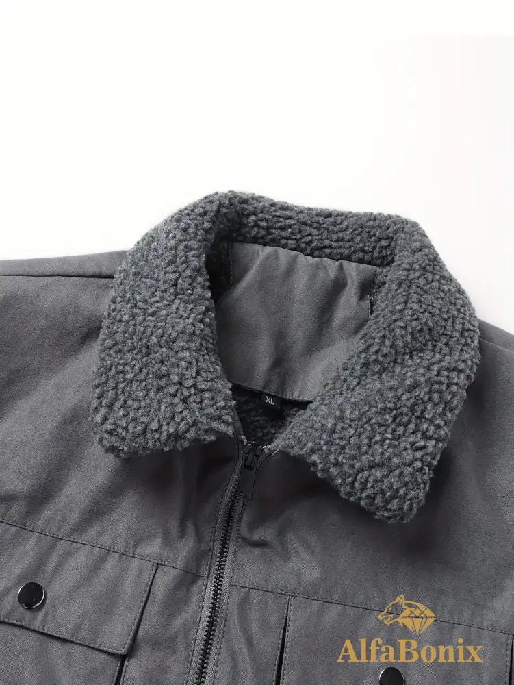Men’s Winter Fleece-Lined Warm Jacket - Thick Casual Outdoor Coat with Pockets Turn- Collar & Zip-Up Closure Brown