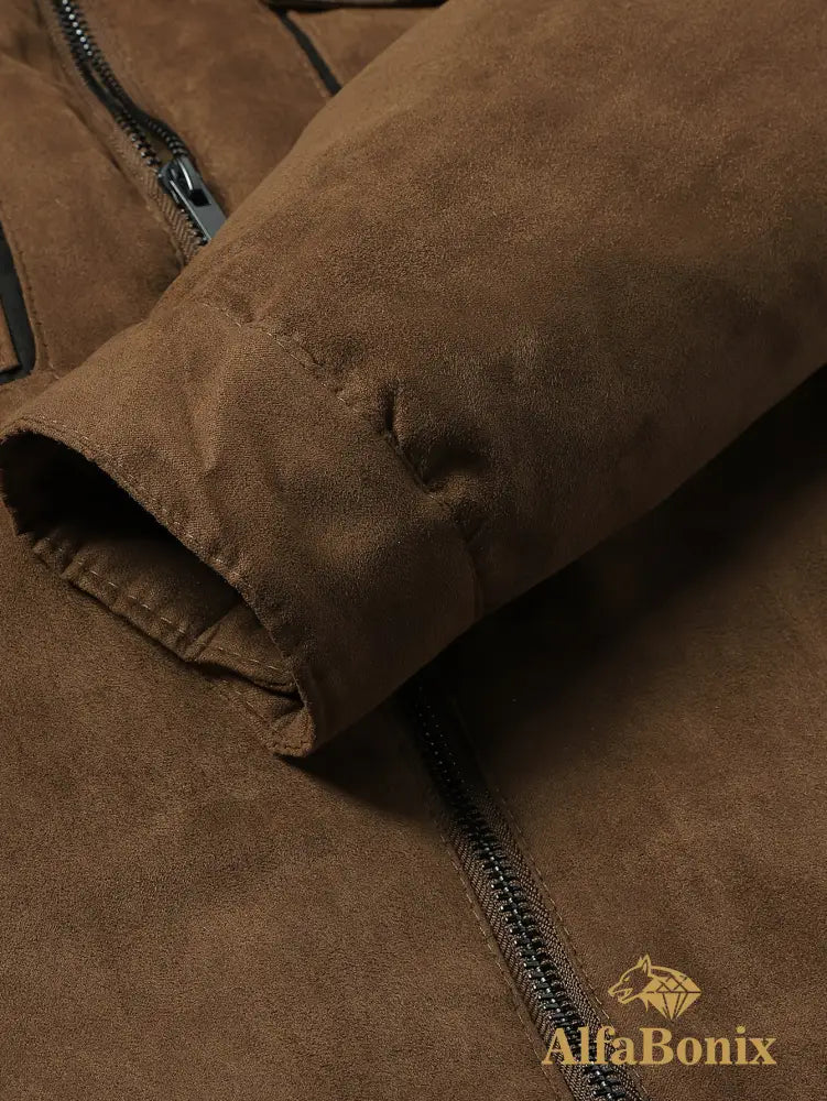 Men’s Winter Fleece-Lined Warm Jacket - Thick Casual Outdoor Coat with Pockets Turn- Collar & Zip-Up Closure Brown