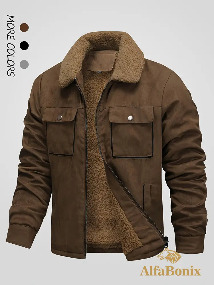 Men’s Winter Fleece-Lined Warm Jacket - Thick Casual Outdoor Coat with Pockets Turn- Collar & Zip-Up Closure Brown