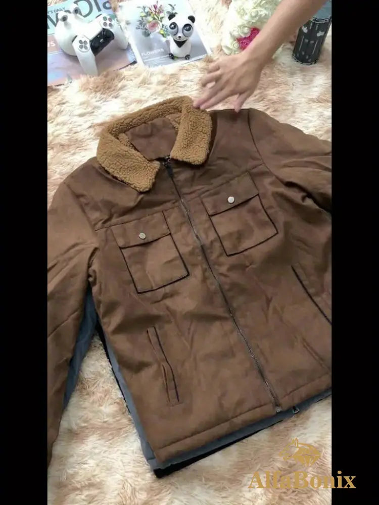 Men’s Winter Fleece-Lined Warm Jacket - Thick Casual Outdoor Coat with Pockets Turn- Collar & Zip-Up Closure Brown