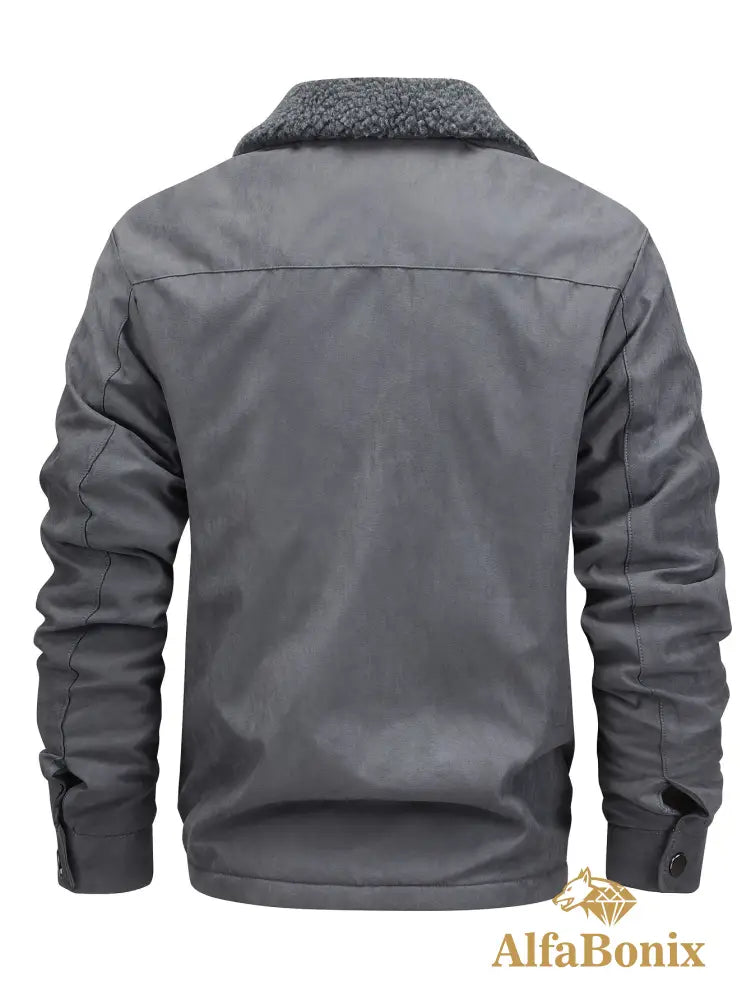 Men’s Winter Fleece-Lined Warm Jacket - Thick Casual Outdoor Coat with Pockets Turn- Collar & Zip-Up Closure Brown