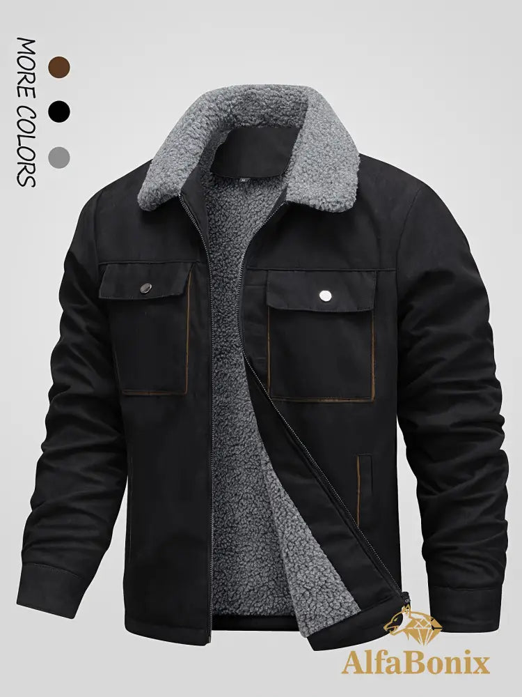 Men’s Winter Fleece-Lined Warm Jacket - Thick Casual Outdoor Coat with Pockets Turn- Collar & Zip-Up Closure Brown