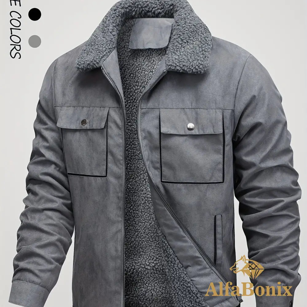 Men’s Winter Fleece-Lined Warm Jacket - Thick Casual Outdoor Coat with Pockets Turn- Collar & Zip-Up Closure Brown